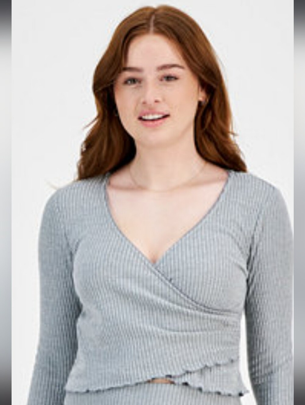 Almost Famous Shirt Blue Plunging Neck Ribbed Material 1X Lighter Shade Blue